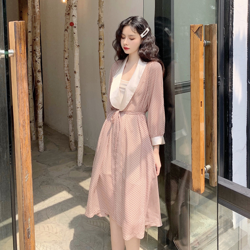 VK旗艦店 韓系復古雪紡優雅波點緞面長袖洋裝