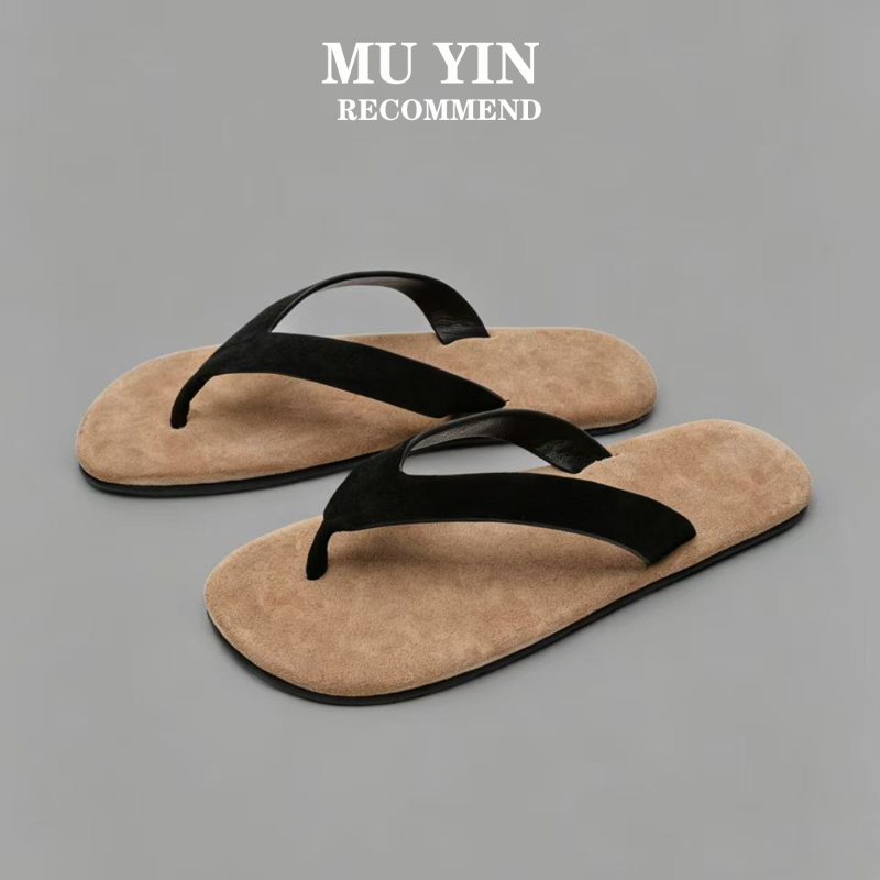 Full Leather Old Money Style Slippers~ Muyin Summer Outdoor Non-Slip Wear-Resistant First Layer Cow Suede Flip-Flops for Men