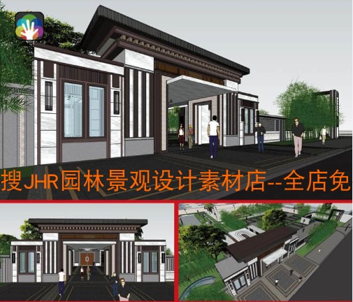 T449新中式新亚洲小区大门入口门岗su建筑模型sketchup景观围墙-3