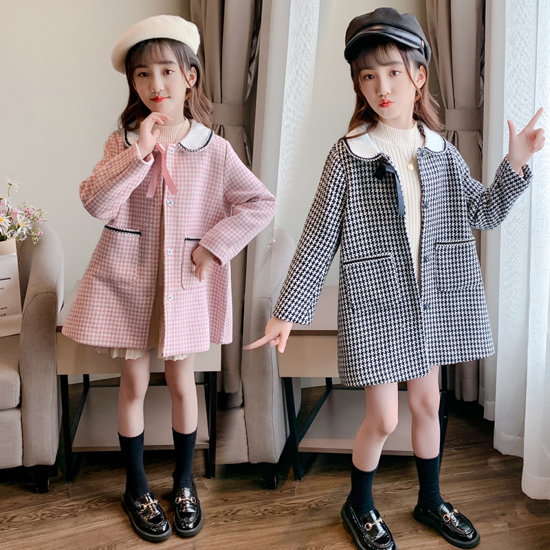 Girl child Daughter Coats Korean Version New Children Dolls Collar Middle Long Version Autumn Clothing CUHK Children Fashion Thousands Birds of the Giant Coat