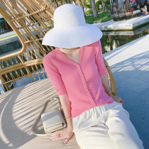 2021 new summer knitted top womens ice silk short-sleeved slim high-grade thin pink V-neck cardigan