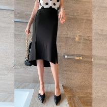 Smiling goddess 2020 autumn and winter new high-waisted slim slim front short back long micro-elastic split hip skirt