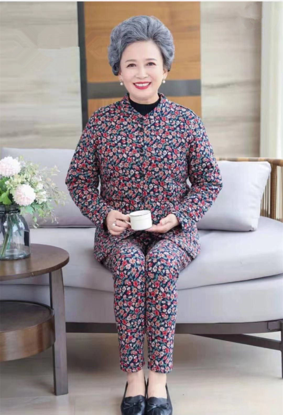 Brand mulberry silk padded jacket women middle-aged and elderly broken flower stand-up collar warm inner liner mother cotton clothes short grandma cotton clothes