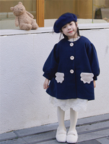 BangBang Full 2023 Autumn and Winter Girls Flower Pocket Lantern Sleeve Coat Mid-Length Western Style Woolen Jacket