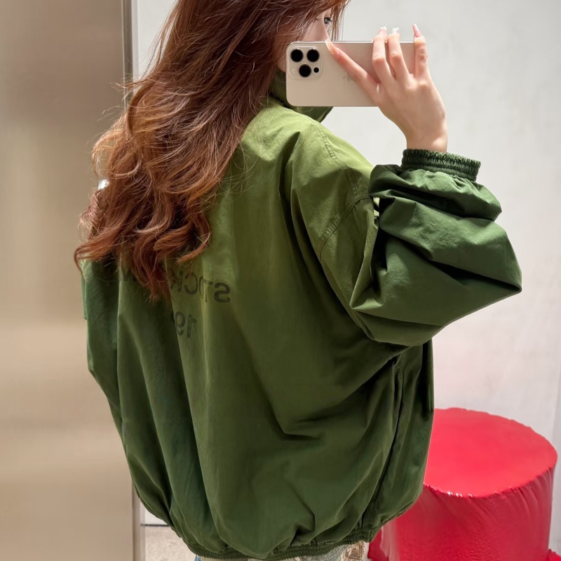Nanyou Quality Ac* Green Distressed Gradient Zipper Stand Collar Jacket Unisex Early Autumn Loose Coat