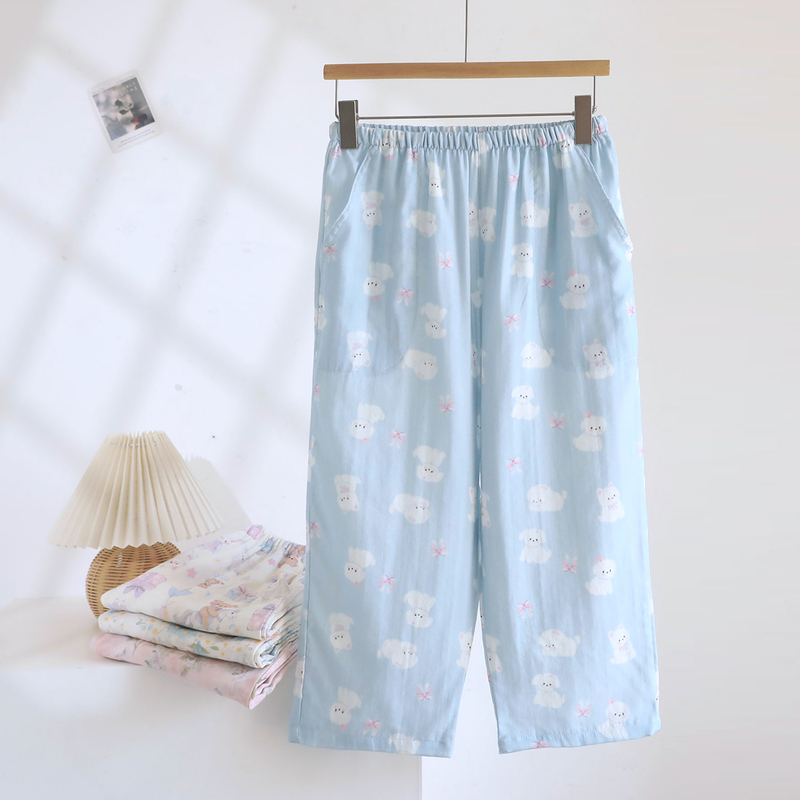 Summer Women's Cotton Gauze Cropped Pants 2026 New Thin Style with Pockets 100% Cotton Straight-Leg Home Pants