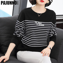 Striped T-Shirt Woman Long Sleeve 2022 New Middle Aged Lady Pure Cotton Round Collar Body Shirt Spring Autumn Easy Mom Blouse