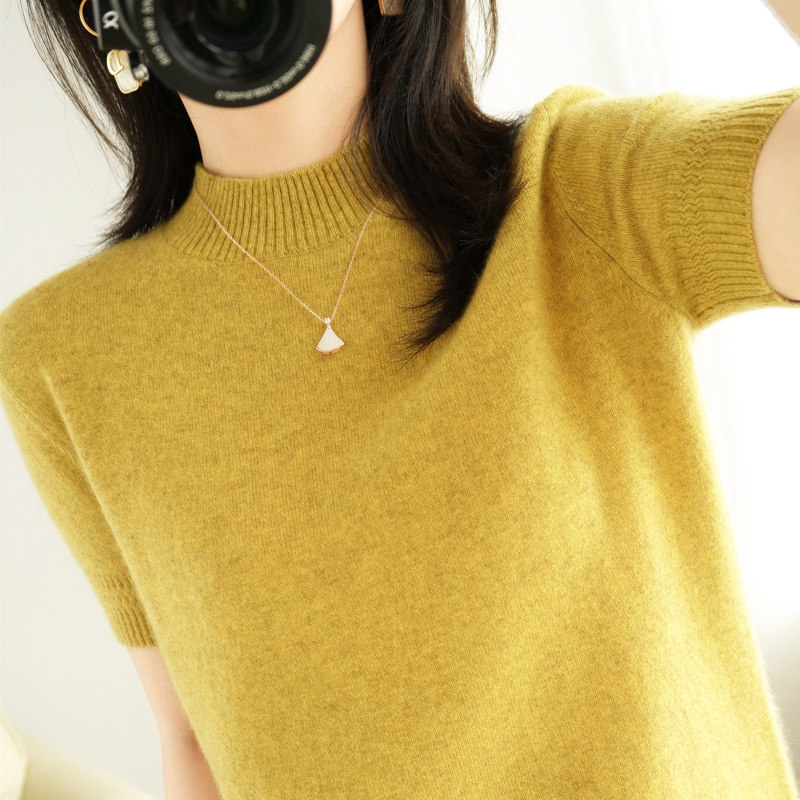 Spring autumn and half height collar short sleeve female wool sweater loose short and bottom half sleeve needle woolen sweater in the middle sleeve cashmere sweater