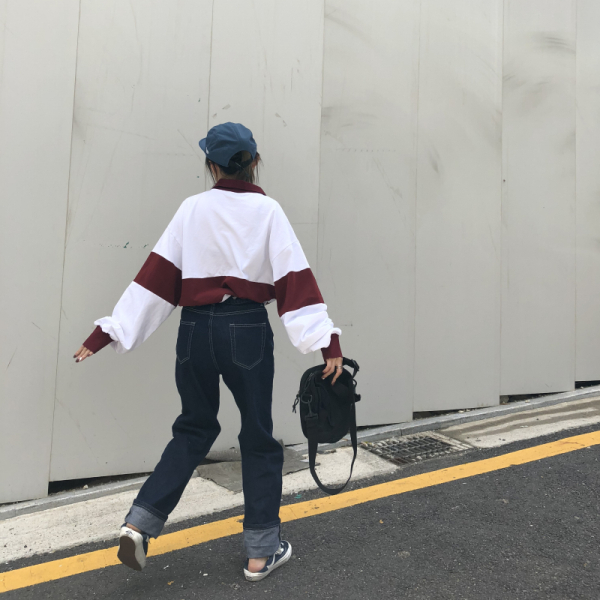 Đất hoang tùy chỉnh mùa thu ban đầu retro loose ve áo khâu in POLO Cao Cổ áo len T-Shirt quần áo nữ mùa hè đẹp