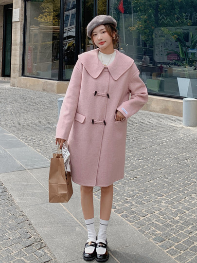 Pink Woolen Coat for Women, Autumn and Winter 2024 New Style, Korean Style, High-End, Elegant, Age-Reducing, Mid-Length Woolen Coat