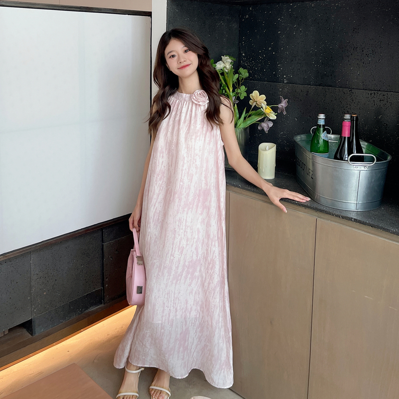 Pink Gradient Sleeveless Dress Summer Women's 2025 New French Rose Flower Age-Reducing Gentle Style Spaghetti Strap Long Dress Pink Gradient Sleeveless Dress Summer Women's 2025 New French Rose Flower Age-Reducing Gentle Style Spaghetti Strap Long Dress