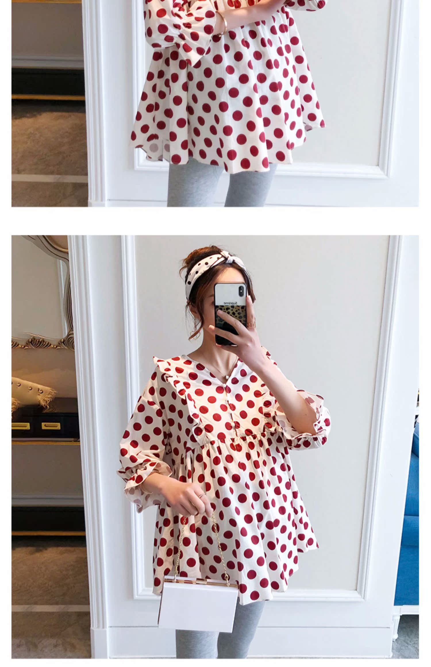Bà bầu mặc váy chấm bi cho bà bầu mùa xuân và váy mùa hè dễ thương áo búp bê lão hóa cỡ lớn mùa xuân có thể cho con bú - Áo thai sản shop đồ bầu