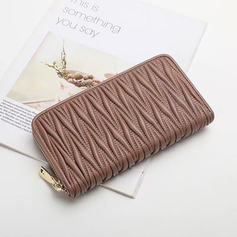 Popular Full Sheepskin Wallet Miu Clutch Wallet Short Style with Card Slots Genuine Leather Wallet Solid Color Zipper Long Style Card Wallet