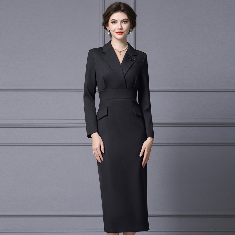 Elegant Dress for Important Occasions 2026 Spring New Style Tall Black Long-Sleeved Suit Collar Long Dress