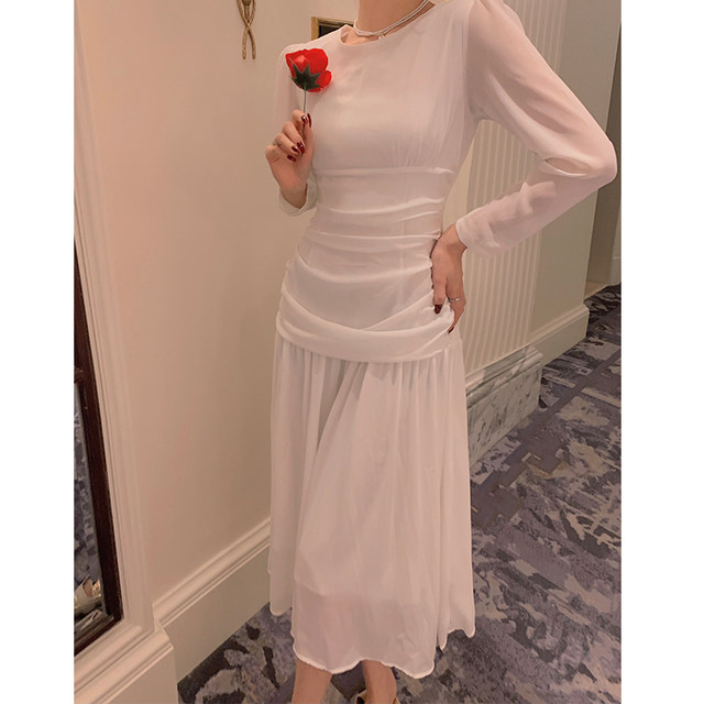 BETTERLS light luxury celebrity women's clothing elegant temperament long-sleeved white dress high-end French mid-length skirt