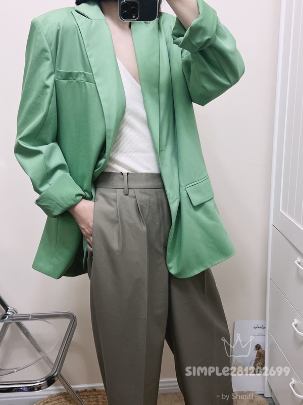 Original Niche American Style Light Green Women's Loose Shoulder-Padded Casual Blazer Jacket, No Returns or Exchanges