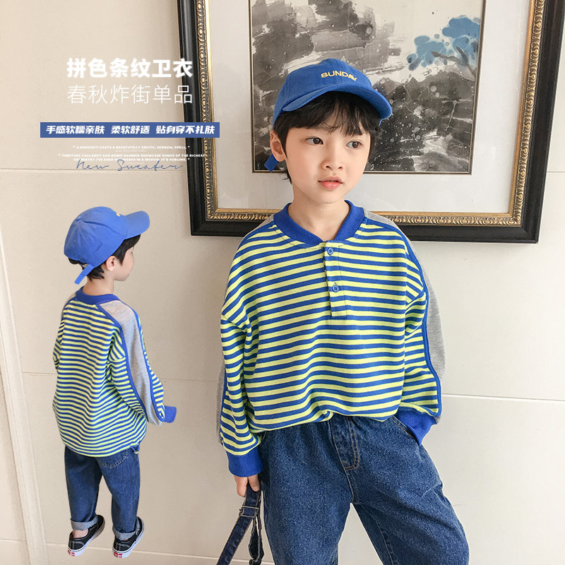 Boy's spring and autumn sweatshirt 2022 The new middle-of-the-boy green strip Korean tie head blouses the boy foreign pie in the spring