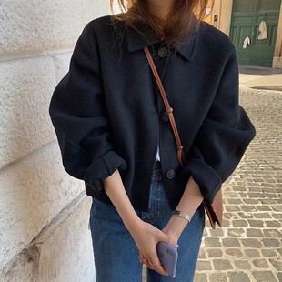 Retro short wool coat, cropped jacket, black, sizes S–XL