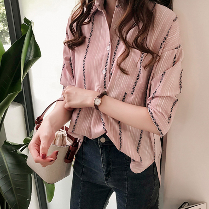 Summer Women's Clothing Wholesale New Arrivals Student Fashion Striped Plus Size Shirt Design Versatile Three-Quarter Sleeve Loose Shirt Summer Women's Clothing Wholesale New Arrivals Student Fashion Striped Plus Size Shirt Design Versatile Three-Quarter Sleeve Loose Shirt