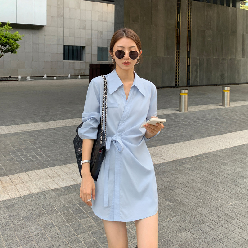 South Korean long sleeve shirt female design feeling small crowd 2022 The new spring and autumn temperament The long version of the blouse in the waist