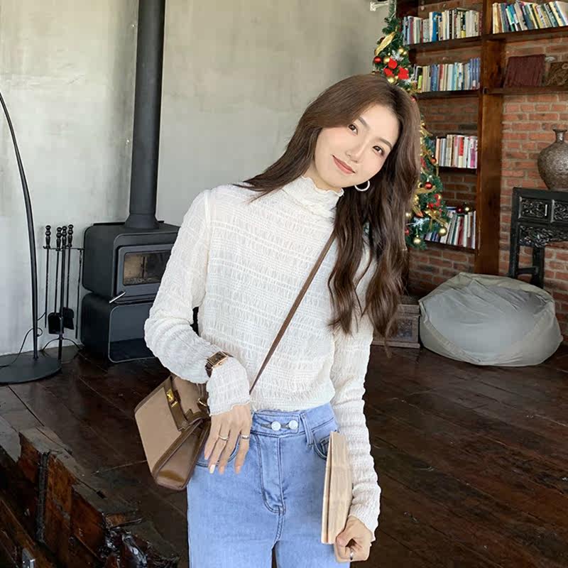 South Korea Snowspun Lace Undershirt Woman Inside Lap Long Sleeve 2022 New Foreign Pie for a Semi-High Collar Temperament Blouse