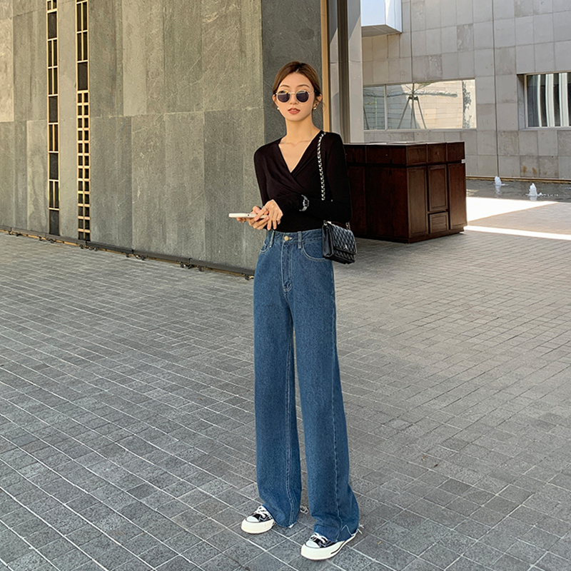 South Korea Straight Barrel Jeans Woman Thin 2022 new spring autumn high waist loose with lean pituality towering broadlegged trousers