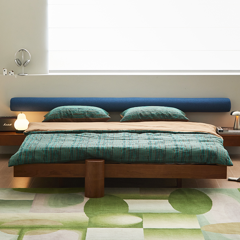 Medieval Style Dopamine Color Solid Wood Bed Retro Bauhaus Style Tatami Bed Soft Backrest Large Bed Furniture Medieval Style Dopamine Color Solid Wood Bed Retro Bauhaus Style Tatami Bed Soft Backrest Large Bed Furniture