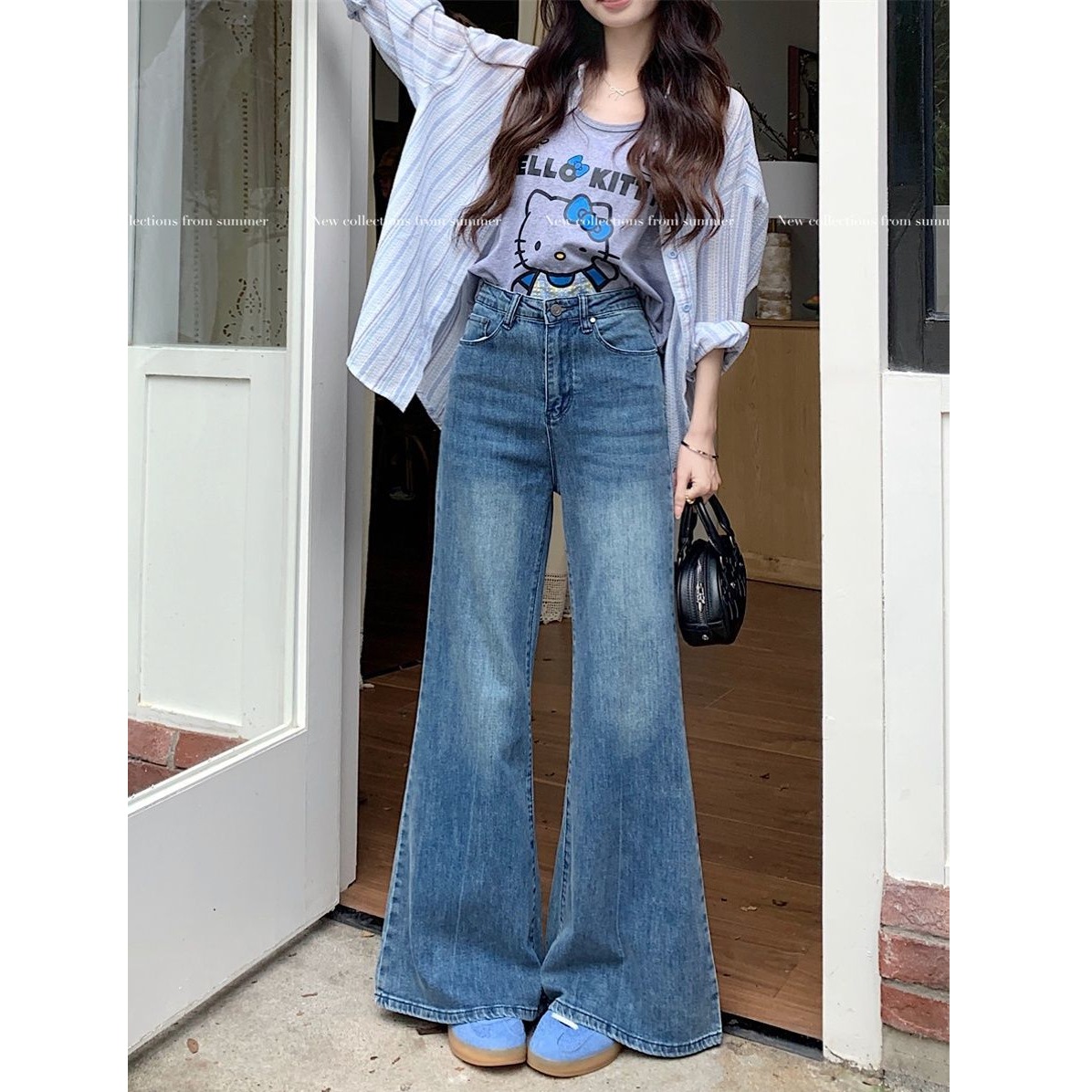 Quần ống loe xanh ,Quần Loe lưng cao rộng che khuyết điểm