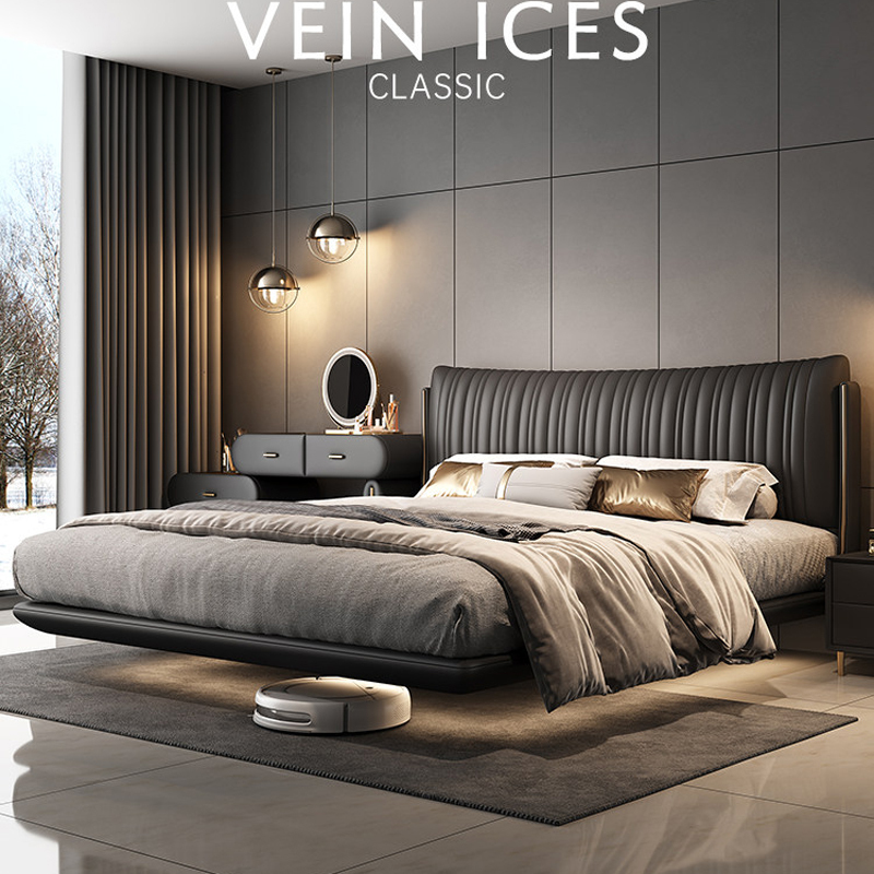 Light Luxury Genuine Leather Master Bedroom Large Bed, Italian-Style Floating Smart Bed with Soft Upholstery and Sensor Light, 2026 New Model Top-Layer Genuine Leather Bed