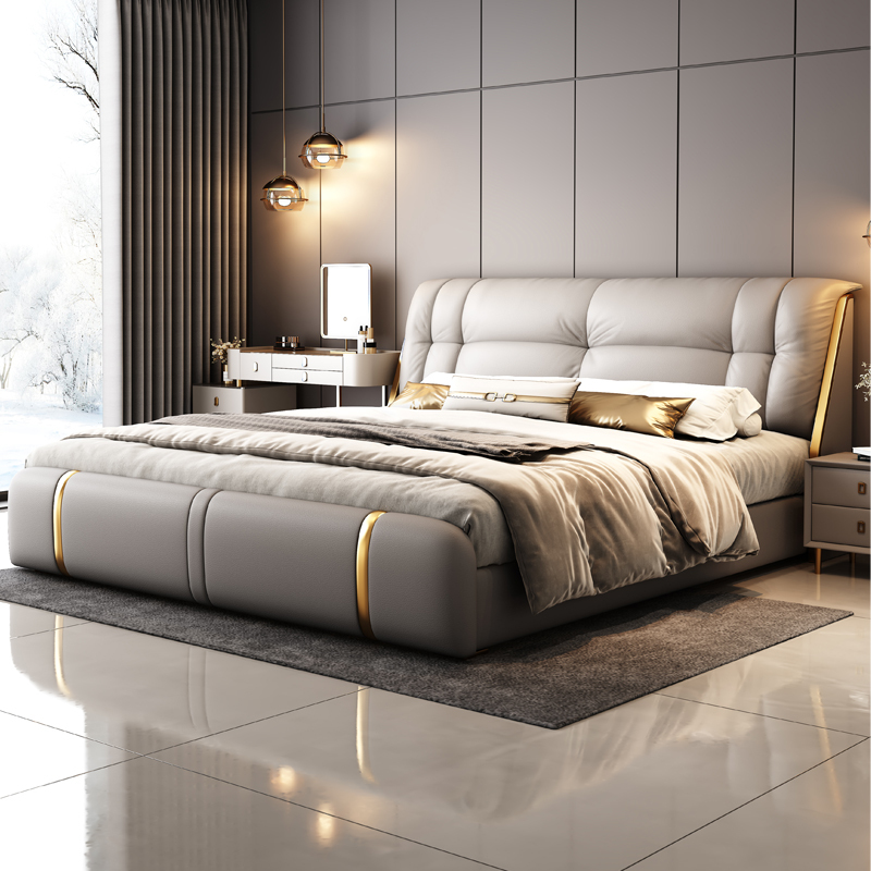 Genuine Leather Bed, Modern, Simple, High-End, Elegant and Luxurious Master Bedroom Bed, 1.8m Wedding Bed, Bedroom Bed, Upholstered Double Bed