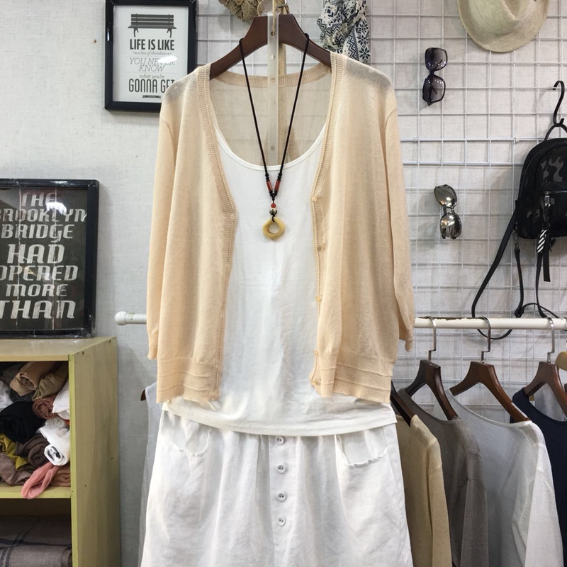 Mùa hè mới của phụ nữ lỏng lẻo văn học màu rắn linen bảy điểm tay áo đan cardigan áo khoác mỏng vest kem chống nắng áo sơ mi áo len cổ lọ nữ form rộng