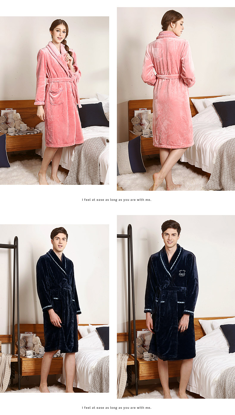 Váy ngủ flannel đậu đỏ nữ đậu đỏ mùa thu và mùa đông cặp đôi dịch vụ nhà dày san hô lông cừu đồ ngủ nam và nữ áo choàng tắm đồ ngủ pijama