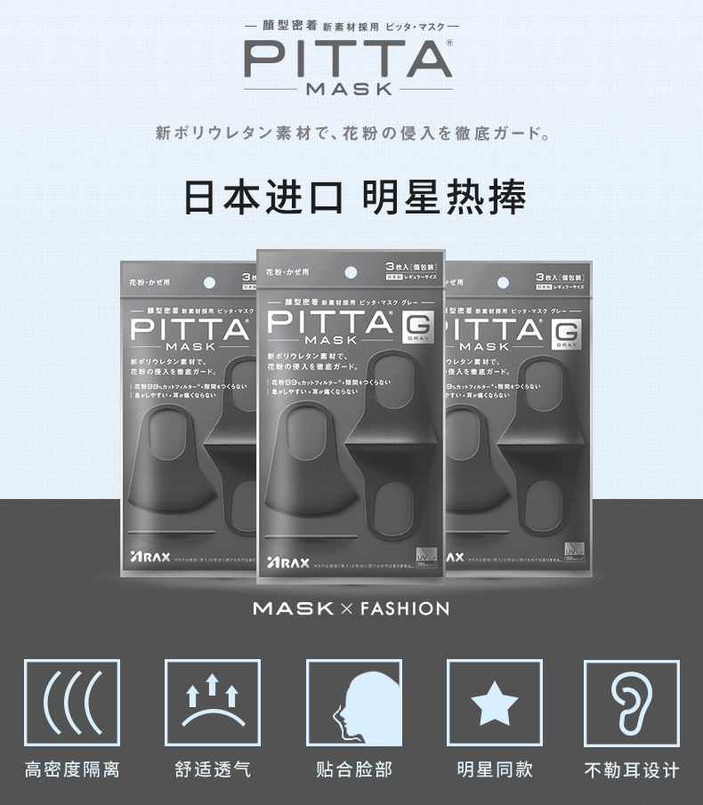 【日本直邮】 PITTA MASK 立体可水洗防尘防花粉透气口罩 #深灰色 3枚入 明星同款