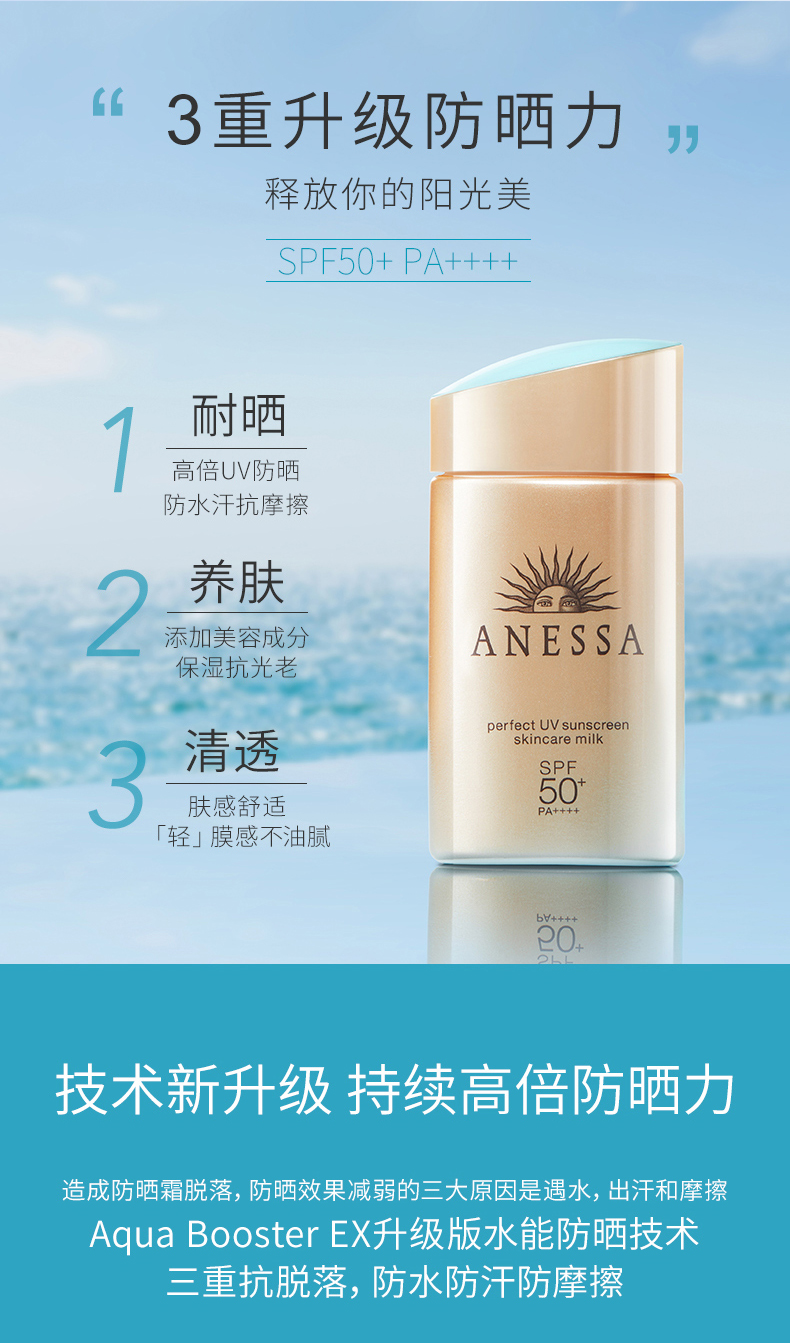 资生堂旗下 安热沙 ANESSA SPF50+ 水能户外小金瓶防晒乳 60ml*2瓶 图2