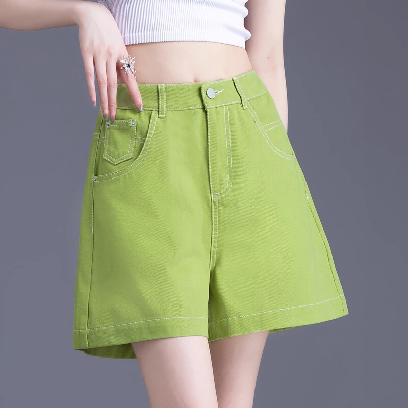 Avocado Green A-Line Denim Shorts for Women, Summer Thin Style, 2024 New High-Waisted, Petite, Loose Three-Quarter Pants