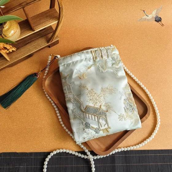 新中式国风亭台楼阁元素唐宋古风小方包搭配汉服流苏包斜挎珍珠包