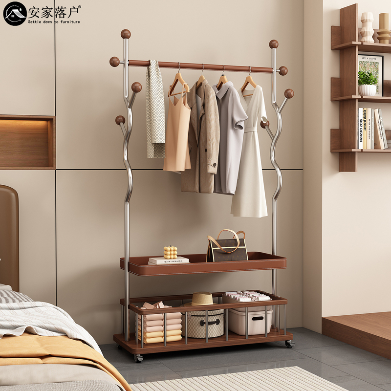 "Fortune Comes from All Directions" Vintage-Style Floor-Standing Coat Rack for Bedroom and Living Room, Movable Clothes Rack and Storage Rack for Home Use