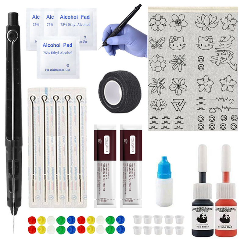 Handmade Tattoo Tool Kit with Pictures, Including a Set of Colored Tattoo Needles, Complete for Beginners to Practice DIY Tattoos