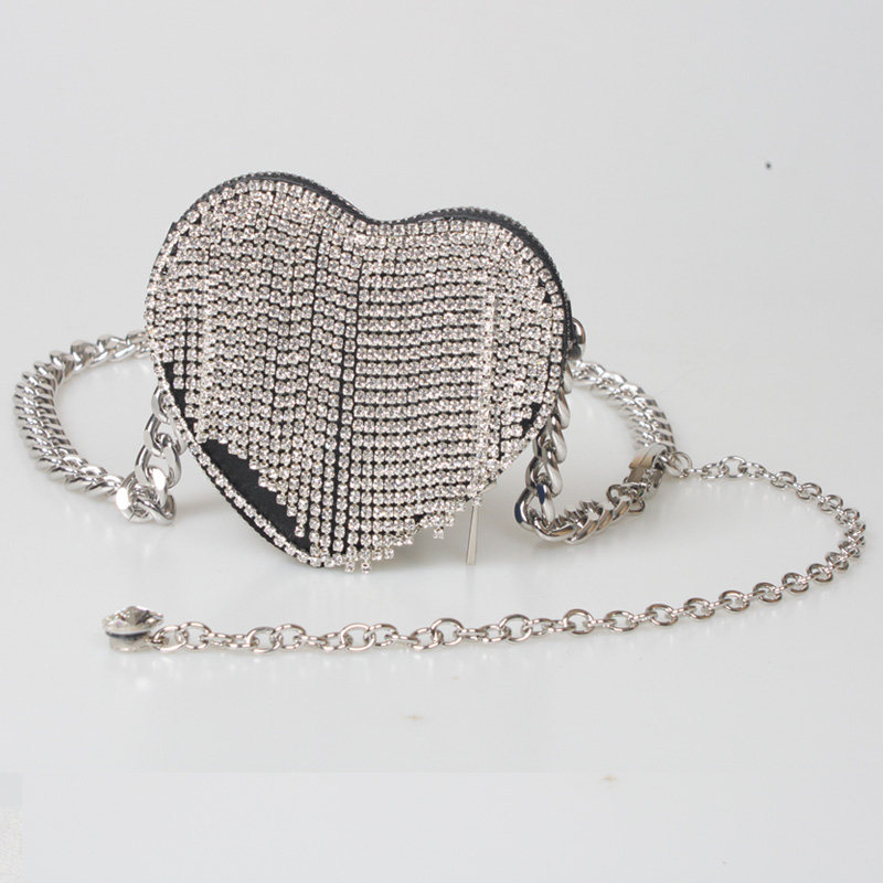 200g Weight Metal Material Women'S Gender Wholesale Fashion Rhinestone Heart Tassel Mini Waist Bag 1