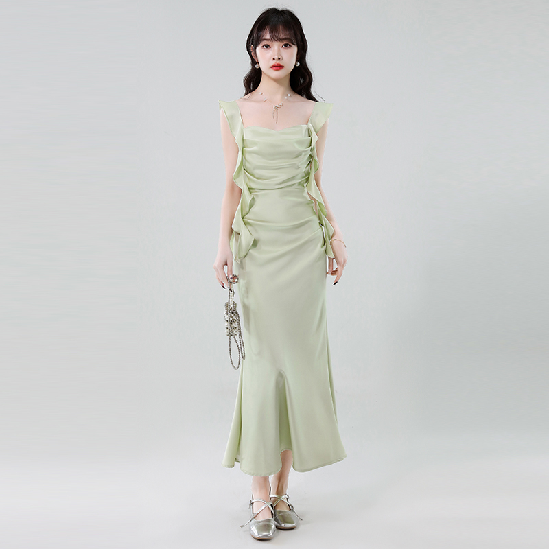 Green Acetate Satin Slip Dress for Women, Summer Pure and Elegant Socialite High-End Dress, Seaside Vacation Long Dress Green Acetate Satin Slip Dress for Women, Summer Pure and Elegant Socialite High-End Dress, Seaside Vacation Long Dress