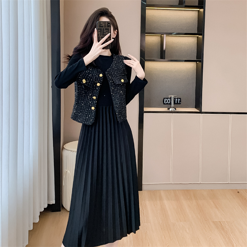Tweed Style Vest Dress Two-Piece Set for Women, Spring and Autum New Style, Elegant Ladylike High-End Pleated Long Skirt Suit