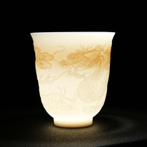 DeHua handmade tea cup white porcelain relief Xiangyun jade porcelain cup tea master Cup household kung fu ceramic tea set