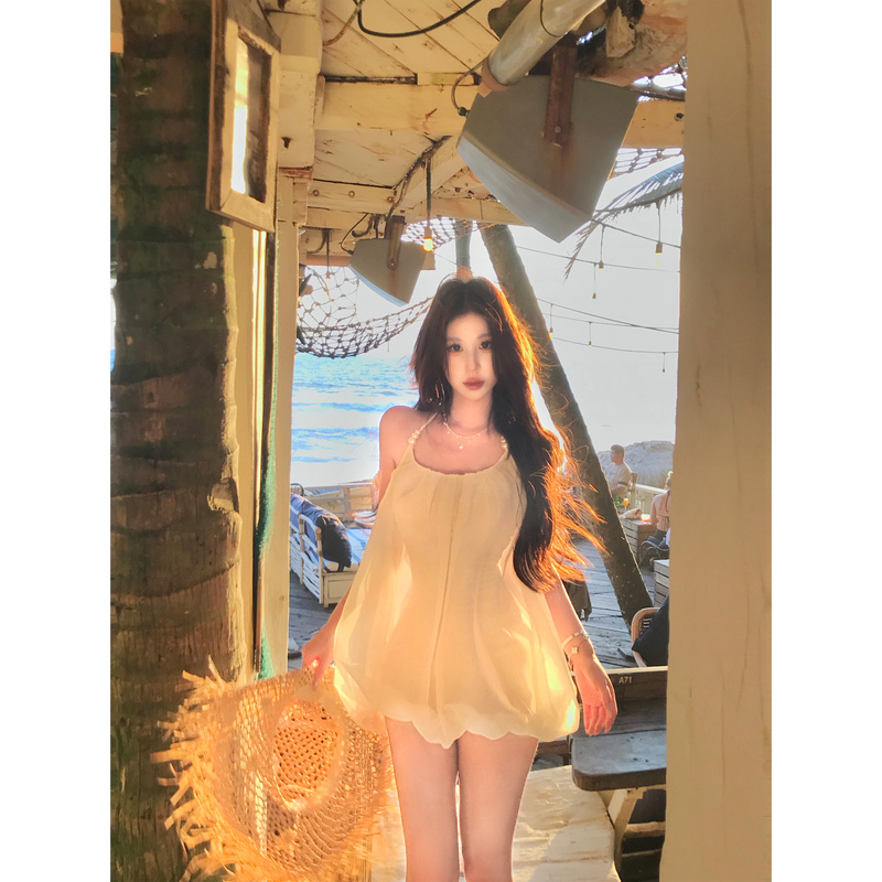 Mejiu Honey Nine【Soft Mist and Flowing Light】Gentle and Sweet Lace Strap Dress for Women Spring and Summer Glass Sheer Short Dress