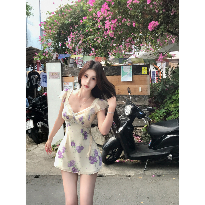 Mejiu Mijiu【Evening Breeze Knows Summer】French-Style Sweet Floral Sleeveless Dress for Women, Summer Lace Slimming Short Dress