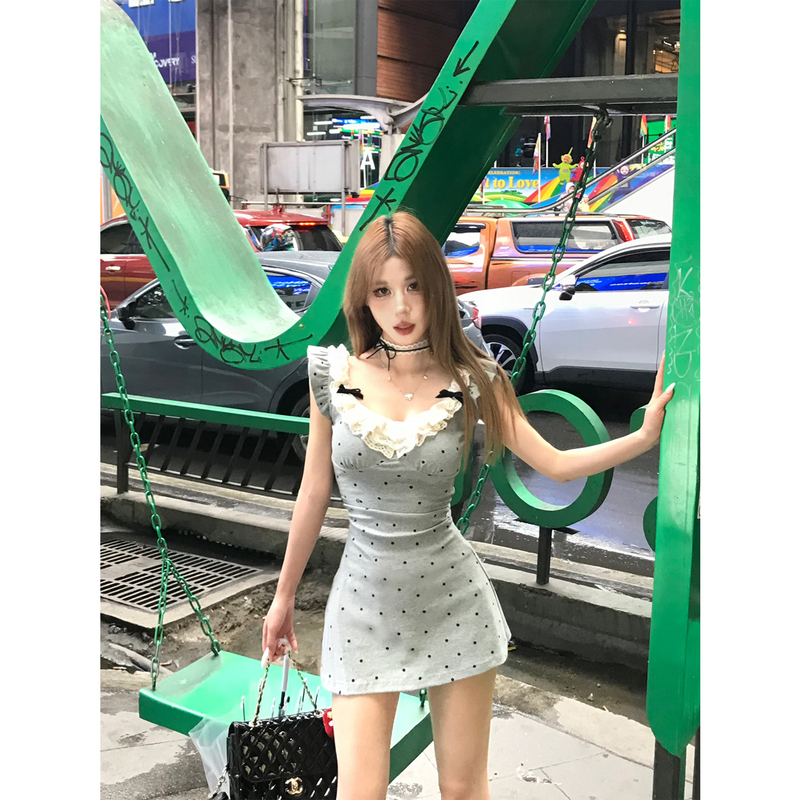 Mejiu Honey Nine【Holy Day Flower Rain】Polka Dot Lace Hot Girl Dress Women's Summer Design Waist-Cinching Dress Mejiu Honey Nine【Holy Day Flower Rain】Polka Dot Lace Hot Girl Dress Women's Summer Design Waist-Cinching Dress