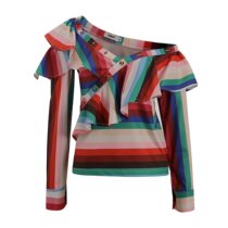 A large irregularly sloping button-down blouse with ruffled