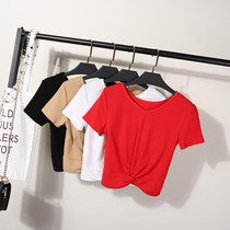 Short sleeve womens V-neck bottomed shirt with leaky navel