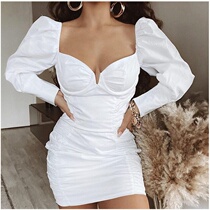 Puff sleeve V-neck stitchin pleated skirt dress