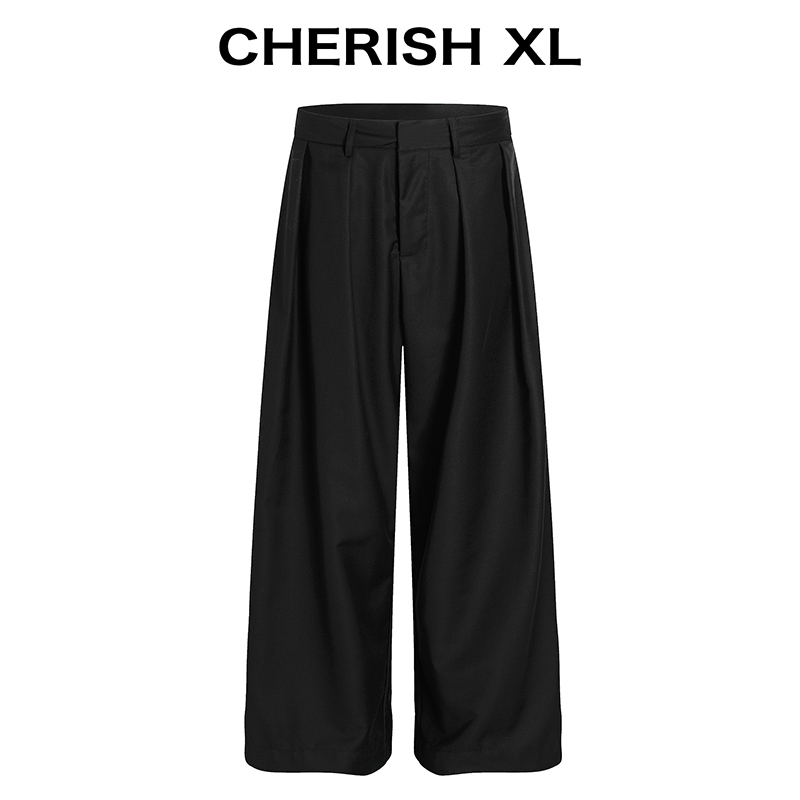 Wang Jiaer Style Pleated/Loose Wide-Leg Black Dress Pants, Thickened Men's Style, Relaxed and Laid-Back Feel