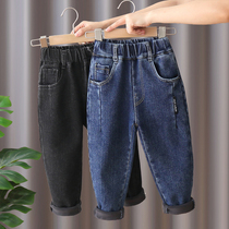 Boy Garsuede pants one over winter jeans integrated suede Childrens cotton pants Winter thickened baby clip cotton outwear